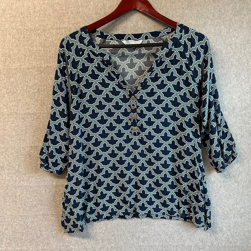 Escapada Living Blue Blouse Top V Neck 3/4 Sleeve Geometric Print Prep Sz Small
